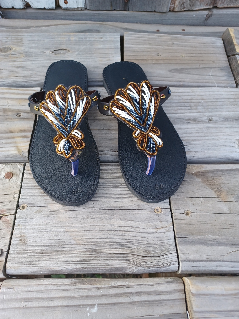 NEW Black Beaded Floral Thong Sandals 7.5